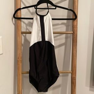 Worn once- halter leotard black and white